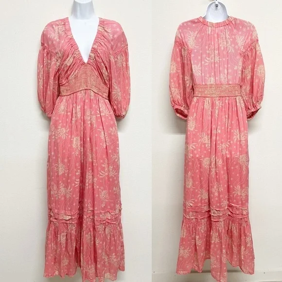 Free People Womens Electropop Pink Floral Golden Hour Smocked V Neck Maxi Dress - Picture 2 of 8